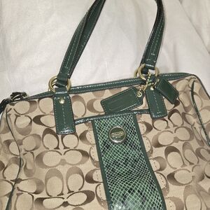 Coach Tan and Green Signature Shoulder Bag